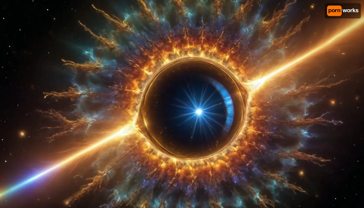 4d microscope macro zoom, eclipse, nytrogen, (glowing fractal of stars), miracle, rainbow light gold cristal in open universe, orbit, rainbow fire, rainbow air, rainbow earth