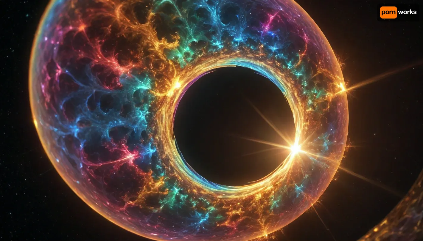 4d microscope macro zoom, eclipse, nytrogen, (glowing fractal of stars), miracle, rainbow light gold cristal in open universe, orbit, rainbow fire, rainbow air, rainbow earth, busty cook girl