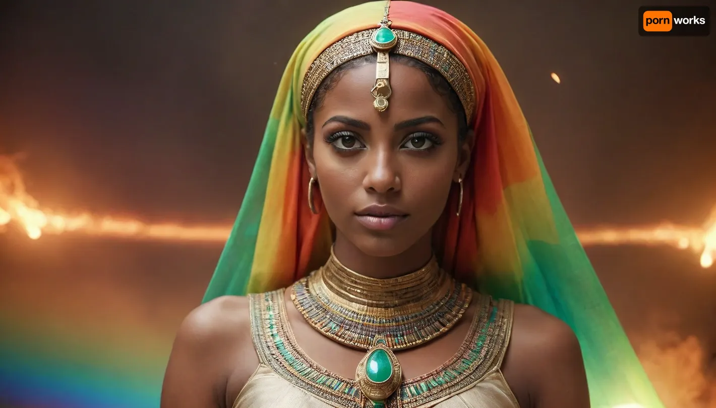 rainbow light, fire, open universe, flying 33 year old dark concentrated egyptian women preist, green eyes, dark skin