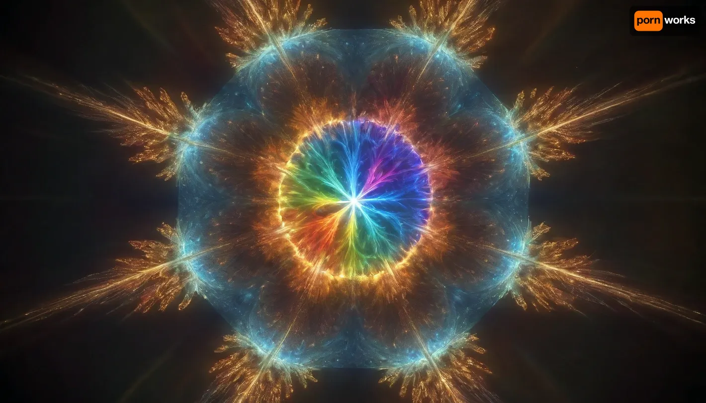 4d microscope macro zoom, glowing star supernova, transparent, light sparks, (glowing fractal of stars), miracle, rainbow light gold cristal in open universe, orbit, rainbow fire, rainbow air, rainbow earth