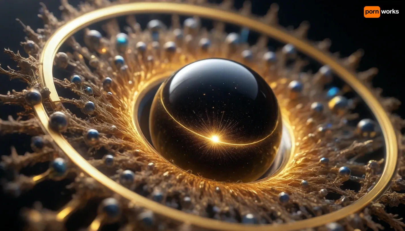 4d microscope macro zoom, black and gold sphere, mirroring, halo, solar wind transparent, light sparks, (glowing fractal of stars), miracle, rainbow light gold cristal in open universe, orbit, rainbow fire, rainbow air, rainbow earth
