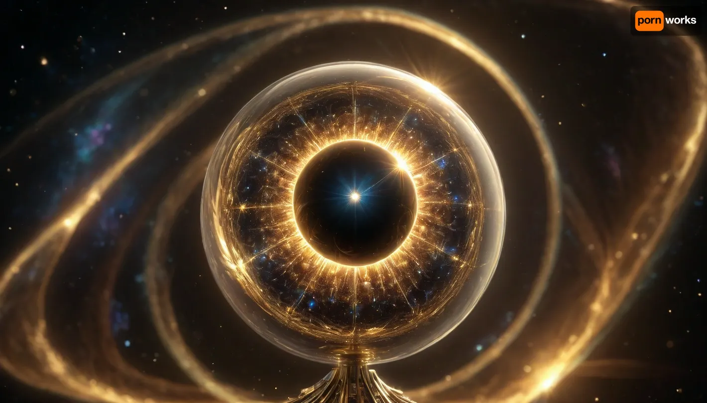 4d microscope macro zoom, black and gold sphere as a galaxy, mirroring, halo, solar wind transparent, light sparks, (glowing fractal of stars), miracle, rainbow light gold cristal in open universe, orbit, rainbow fire, rainbow air, rainbow earth