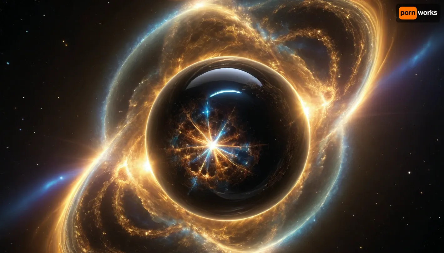 4d microscope macro zoom, black and gold sphere as a galaxy, mirroring, halo, solar wind transparent, light sparks, (glowing fractal of stars), miracle, rainbow light gold cristal in open universe, orbit, rainbow fire, rainbow air, rainbow earth