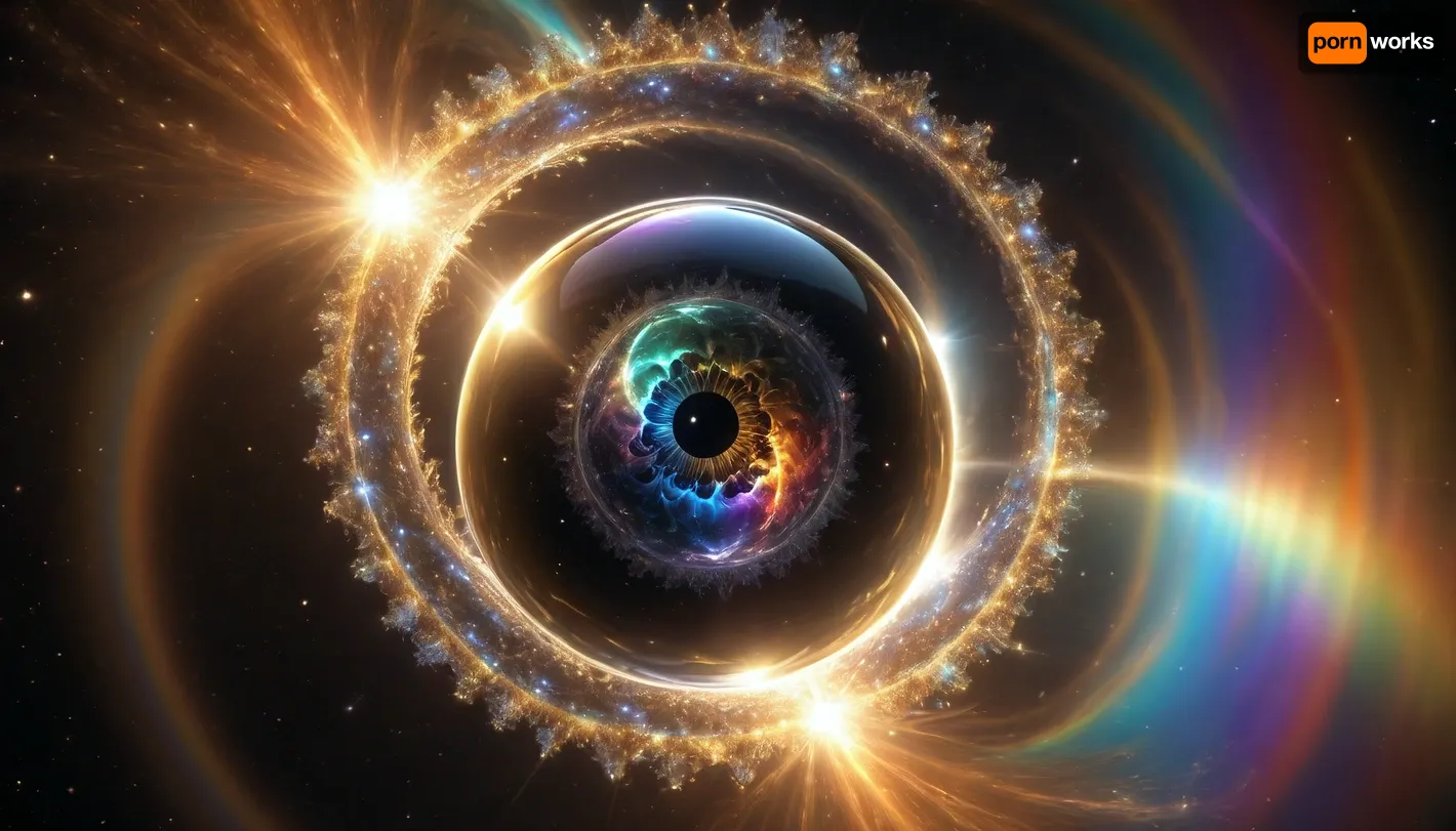 4d microscope macro zoom, epic, glowing, (rainbow, white light), black and gold sphere as a galaxy, mirroring, halo, solar wind transparent, light sparks, (glowing fractal of stars), miracle, rainbow light gold cristal in open universe, orbit, rainbow fire, rainbow air, rainbow earth