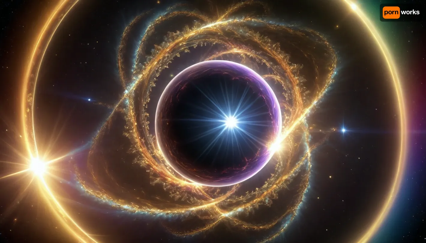 4d microscope macro zoom, epic, glowing, (rainbow, white visible light), black and gold sphere as a galaxy, mirroring, halo, solar wind transparent, light sparks, (glowing fractal of stars), miracle, rainbow light gold cristal in open universe, orbit, rainbow fire, rainbow air, rainbow earth