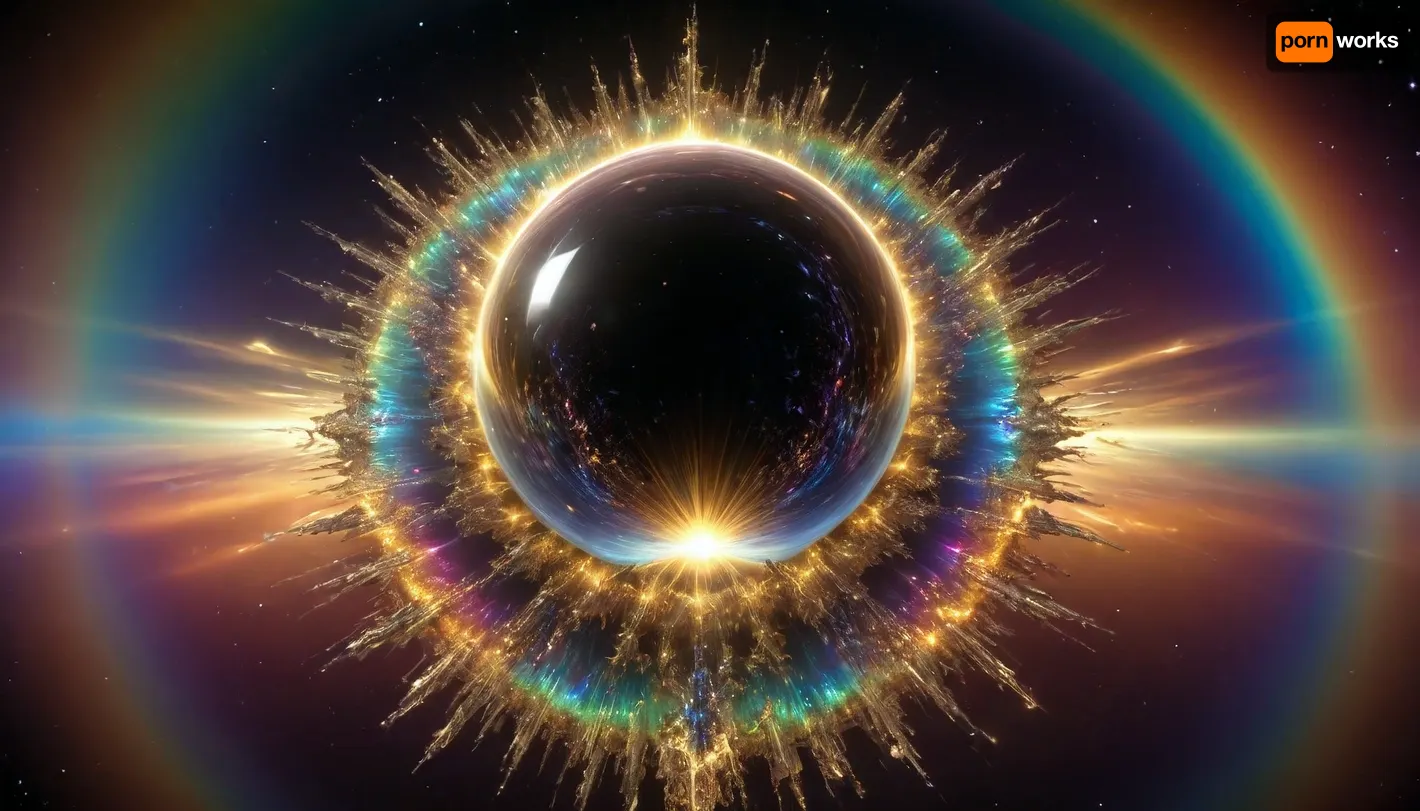 4d microscope macro zoom, epic, glowing, (rainbow, white visible light), black and gold sphere as a galaxy, mirroring, halo, solar wind transparent, light sparks, (glowing fractal of stars), miracle, rainbow light gold cristal in open universe, orbit, rainbow fire, rainbow air, rainbow earth
