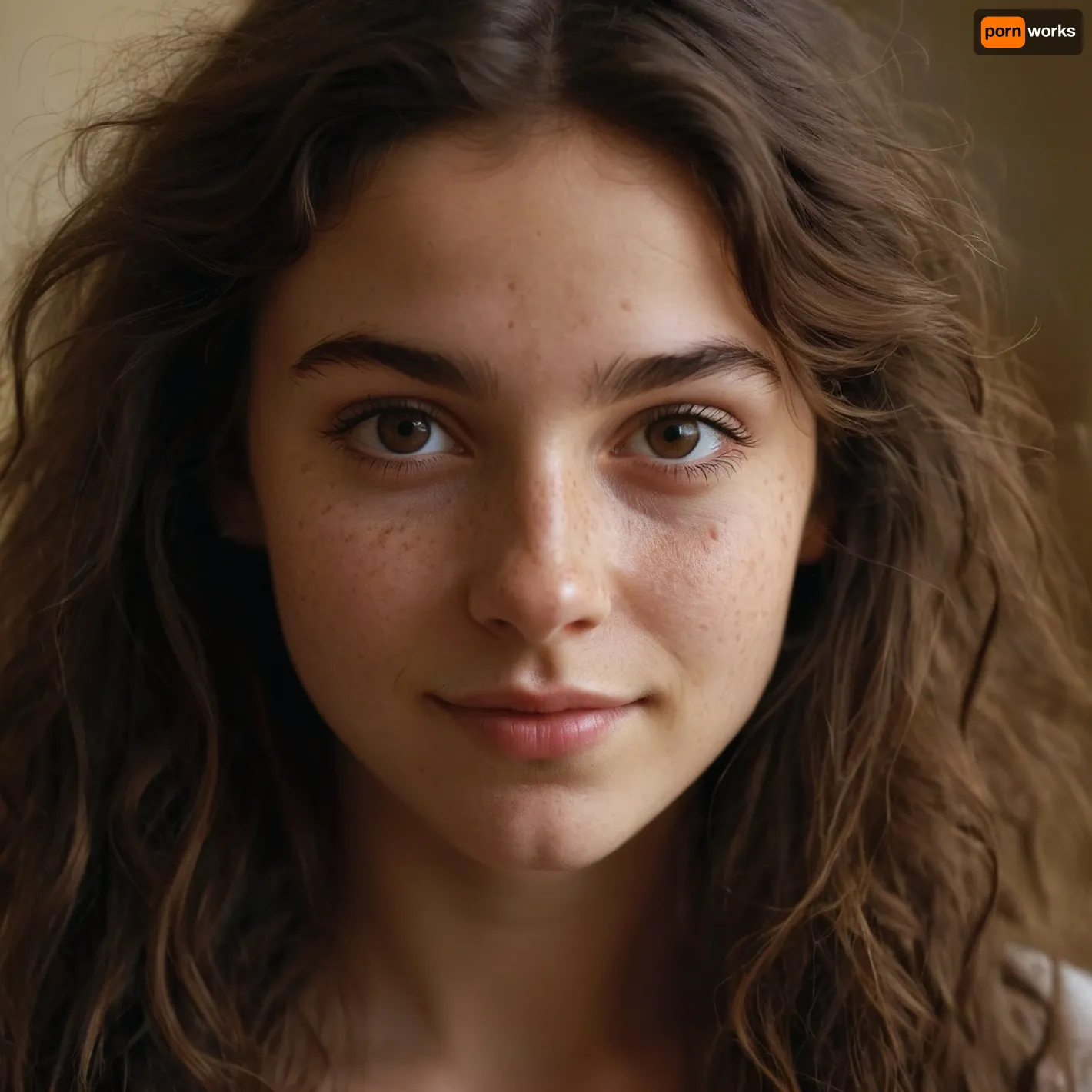 beautiful brunette 20 year old with cute big eyes, mild freckles and pimples, interesting face, unusual face, some blushing, think faded lips, nubian nose, very longhair, rough messy hair, brown eyes, nice smile, cute ears, (white pale skin:.8)