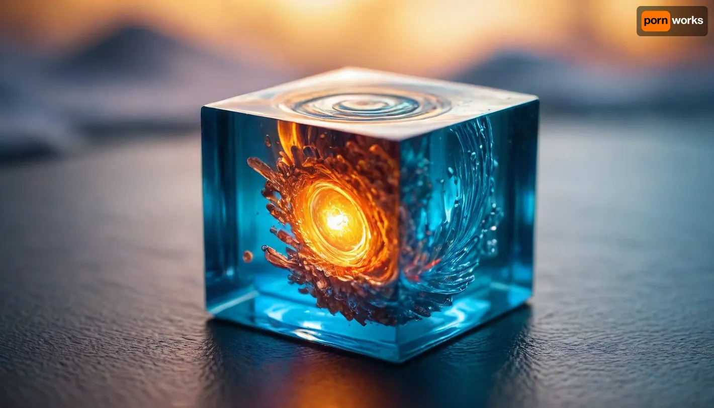 4d microscope macro zoom, (fire cube, (square), fusion with wather sphere, (blue waves, mirroring), miracle), orbit, epic, glowing, (rainbow, white visible light), rainbow light gold, rainbow fire, rainbow air, rainbow earth