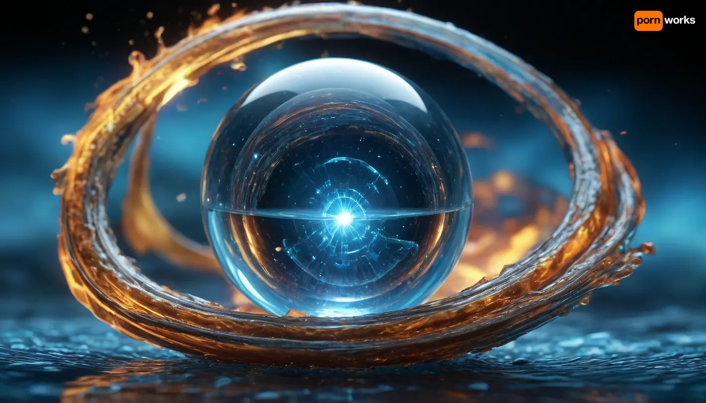 4d microscope macro zoom, many of in open space, orbit, there is objecht merge of cube and sphere in center, (fire cube, fusion with wather sphere, (blue waves, mirroring)), miracle, epic, glowing, (rainbow, white visible light), rainbow light gold, rainbow fire