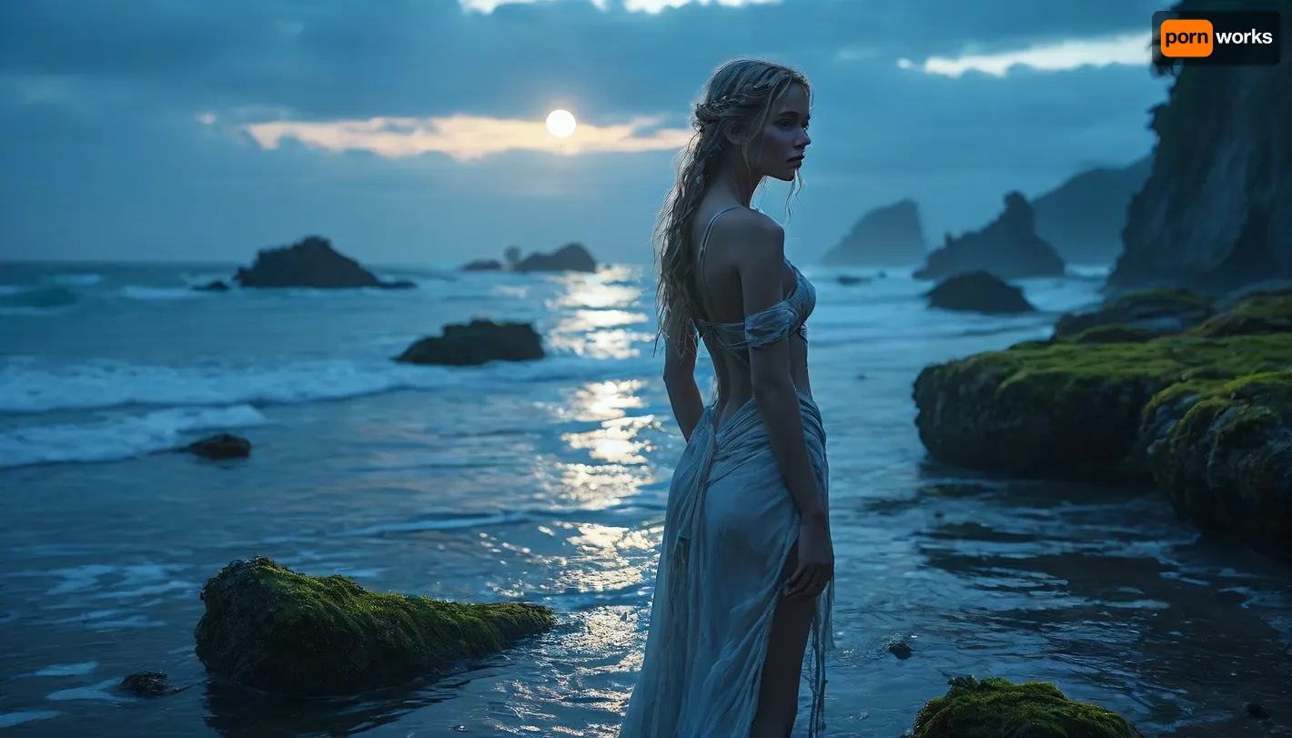 Elven warrior-witch with an hourglass figure examines a sunken shipwreck at moonlit beach. Her golden hair, braided with herbs and crystals, flows over her shoulders as she leans slightly forward, studying the half-submerged vessel with keen elven eyes. She wears tattered robes that reveal her athletic build, ample bosom, narrow waist, and strong hips, all illuminated by soft moonlight.

Her natural wooden staff rests against her shoulder, its twisted form glowing faintly with magical energy from moss-covered runes. The shipwreck dominates the background, its skeletal remains rising from the water's edge, covered in seaweed and barnacles. Pools of bioluminescent light shimmer around the wreckage, reflecting off both the water and her pointed ears.

The scene captures her专注 examination, one hand resting on her hip, the other gently touching the staff as she inspects the ancient ruin. Her posture combines curiosity with readiness, showing both her warrior skills and mystical connection to nature. Every detail emphasizes her elegant strength and mysterious allure against the dramatic coastal backdrop., <lora:Glowing_beach:1.5>, <lora:MJ52:.8>, <lora:EnvyStarlightDream01-Vivid:2>