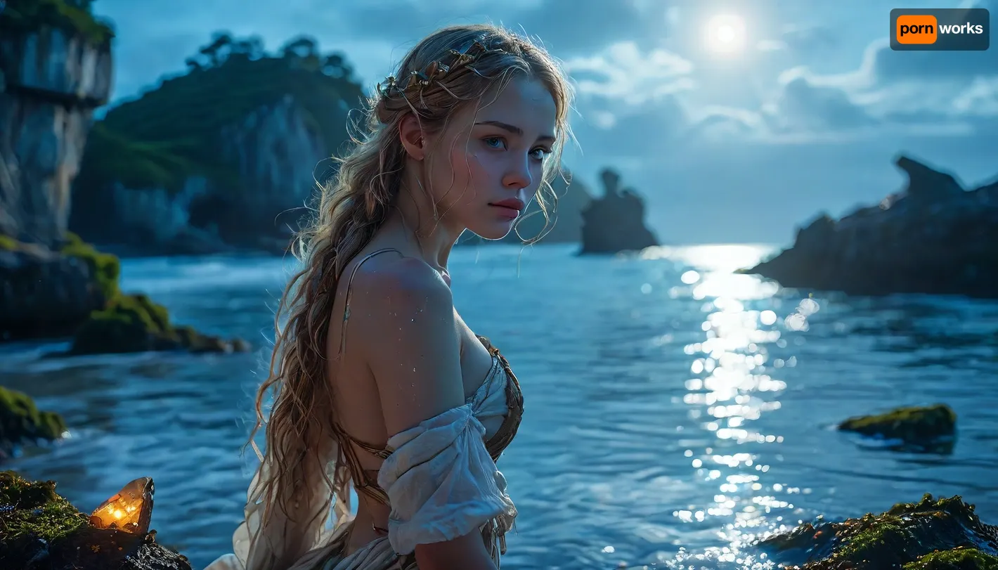 Elven warrior-witch with an hourglass figure examines a sunken shipwreck at moonlit beach. Her golden hair, braided with herbs and crystals, flows over her shoulders as she leans slightly forward, studying the half-submerged vessel with keen elven eyes. She wears tattered robes that reveal her athletic build, ample bosom, narrow waist, and strong hips, all illuminated by soft moonlight.

Her natural wooden staff rests against her shoulder, its twisted form glowing faintly with magical energy from moss-covered runes. The shipwreck dominates the background, its skeletal remains rising from the water's edge, covered in seaweed and barnacles. Pools of bioluminescent light shimmer around the wreckage, reflecting off both the water and her pointed ears.

The scene captures her专注 examination, one hand resting on her hip, the other gently touching the staff as she inspects the ancient ruin. Her posture combines curiosity with readiness, showing both her warrior skills and mystical connection to nature. Every detail emphasizes her elegant strength and mysterious allure against the dramatic coastal backdrop., 4ng3l, face, <lora:Glowing_beach:1.5>, <lora:MJ52:.8>, <lora:SDXL_BetterFaces-LoRA_v1:2>