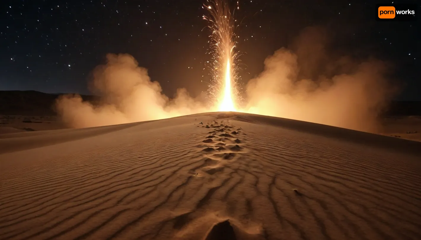 desert in mist night, (very dark night), 4d microscope macro zoom, fire desert storm, stars