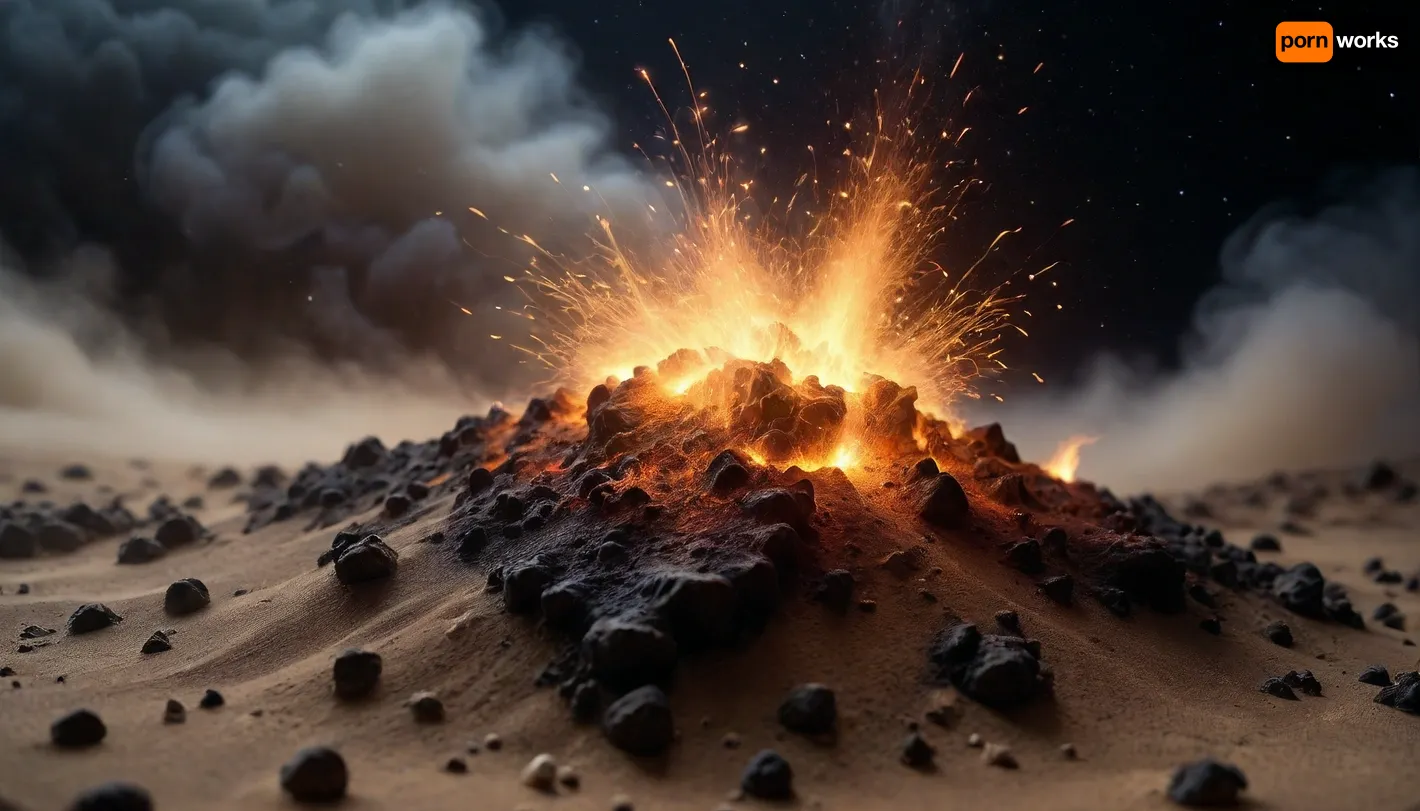 esert storm, fire, desert in mist night, (very dark night), 4d microscope macro zoom, d, fog, stars