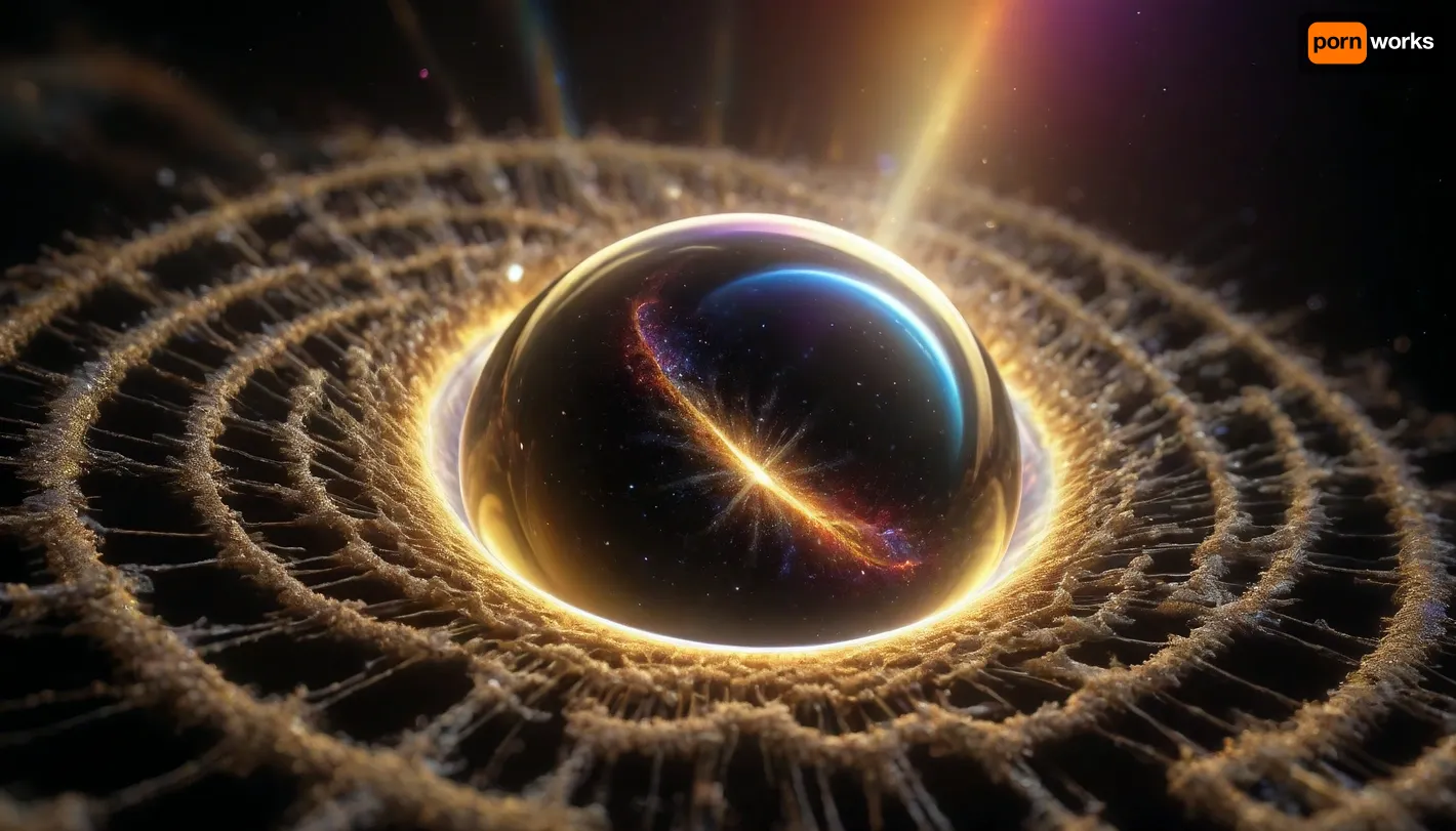 4d microscope macro zoom, epic, glowing, (rainbow, white visible light), black and gold sphere as a galaxy, mirroring, halo, solar wind transparent, light sparks, (glowing fractal of stars), miracle, rainbow light gold cristal in open universe, orbit, rainbow fire, rainbow air, rainbow earth