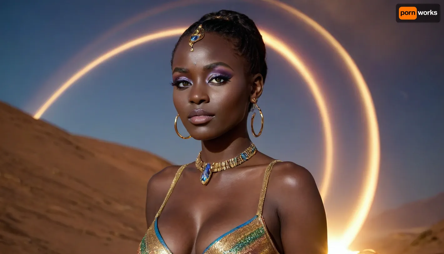 eclipse, nubian preist in night desert, full moon, (black skin, blue iris eye), miracle, rainbow light gold cristal in open universe, orbit, rainbow fire, rainbow air, rainbow earth, busty cook girl