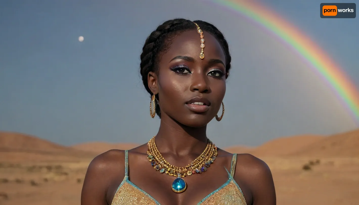eclipse, nubian preist in night desert, full moon, (black skin, blue iris eye), miracle, rainbow light gold cristal in open universe, orbit, rainbow fire, rainbow air, rainbow earth, busty cook girl