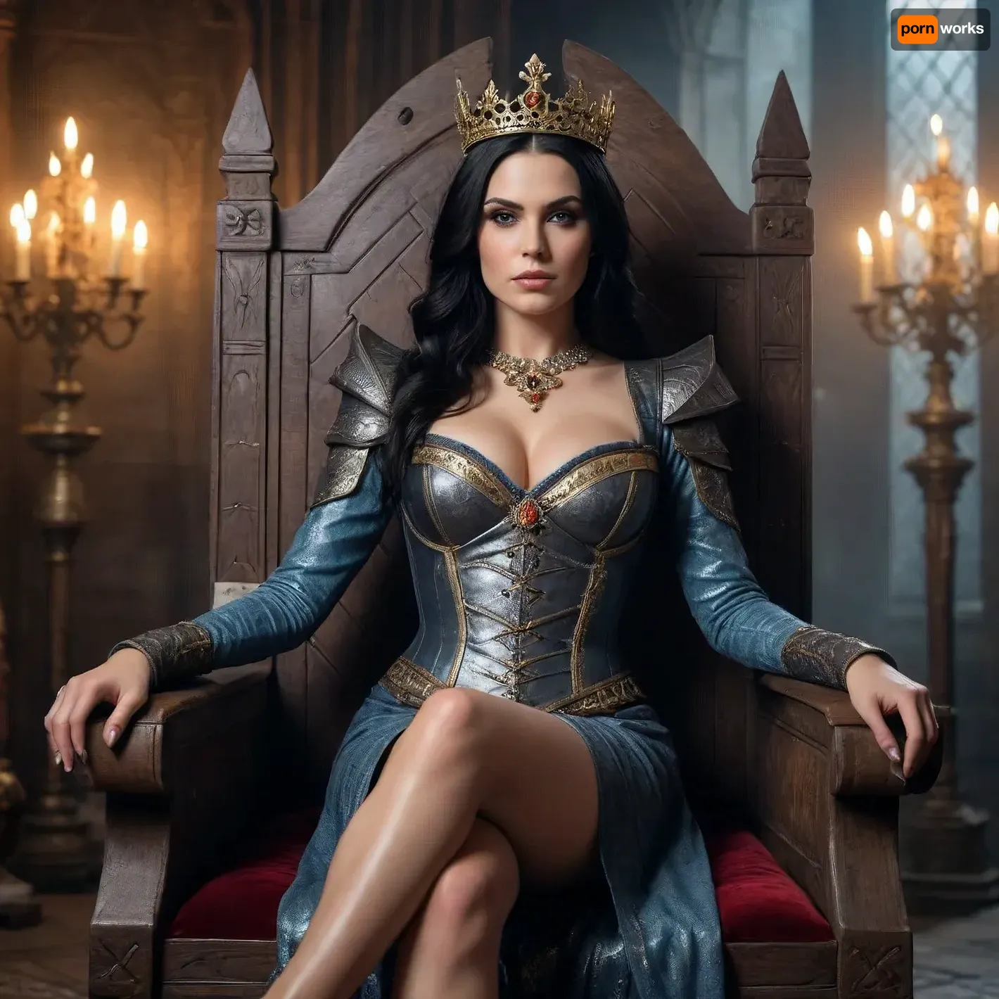 A medieval queen with black hair, MILF, stern gaze, crown, sitting on a throne, large breasts, overknee-boots