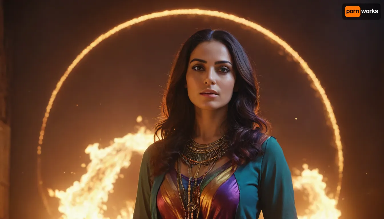 rainbow light, fire, open universe, flying 33 year old dark concentrated egyptian women preist