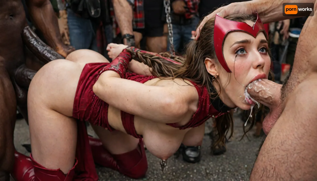 (((Scarlet Witch:1.32), from marvel, scarlet witch outfit)), (deep deepthroat:1.12), (extreme oral sex:1.24), (huge african dick:1.15), (public park background), (ultra realistic), (maximum quality), (high resolution), (extreme detail), (ultra realism), (extreme close up, focus mouth:1.3), UHD, super high quality, super high resolution, extremely detailed, perfect eyes, (man is choking her from behind:1.4), ((hogtied, bound for sex, tied up)), (black eyes), (pale skin:1.3), cock in mouth, (brutal face fuck), Blowjob, (tears in eyes:1.5), (running makeup), (cum drips from nose:1.3), (cum drips from mouth:1.3), ultra hd, photorealistic, hyper gigantic large black cock in mouth, (((hyper gigantic large black cock in mouth:1.3))), oral cream pie, hair grab, sad, sad crying, tongue out, brutal face fuck, tears in eyes, running makeup, one hand around her neck, choking her hard, strangling her, gasping for air, highly detailed, high resolution, perfect lighting, natural lighting, holding head, deepthroat, black spiked pet collar with leash, tied up in chains, hands behind back, (anal:1.5), (masterpiece:1), hard nipples, shy, blushing, hourglass waistline, perfect anatomic body, ass up, anal spitroast, gagging on cock, (pulled nipples:1.2), nipple clamps, spitroast, cum explosion from mouth, cum explosion from nose, wide eyes, throat bulge, puffy cheeks, thick cum, holding her head with both hands, (((hyper large cock in mouth:1.3))), screaming, shocked, tearful, deep anal penetration, (pigtails:1.3), cum explosion, post orgasm, last orgasm, shot from below, Uber realistic, ultra detailed, masterpiece, arched back, detailxl, 35mm photograph, film, professional, 4k, 1girl, 5 boys, hdr, photographic, ultra realistic, ultra high details, back light, (dynamic pose), (dynamic angle), (random angle), (random pose), (dynamic view), (random view), best quality, with large muscular black men, gargantuan black cocks, anal sex expansion, ravenous hyper sex, large hyper muscular black men, interracial gangbang, (interracial sex), swollen black veiny cocks, (double anal penetration), hyperrealistic, DETAILED background, 8K, BadX, Stable-Yogis-Makeup-Enhancer-XL, spectacular lighting, (eyes wide open in horror:1.24), (wide mouth spreader:1.5), (pleading expression:1.18), (terrified:1.12), (crying:1.12), (fear and panic:1.18), Movie, Still, Film, Cinematic, Shot, (huge dick), (creamy deep deepthroat:1.12), (extreme oral sex:1.4), (huge massive white dick:1.4), (hands holding hair), (hands tied behind back:1.4), UHD 8K, (full body photograph:1.12), marvel, scarlet, witch, woman, <lora:detailed_notrigger:2>, <lora:add-detail-xl:2>, <lora:LCMTurboMix_Euler_A_fix:2>, <lora:JuggerCineXL2:2>, <lora:marvel scarlet witch woman 1a:2>