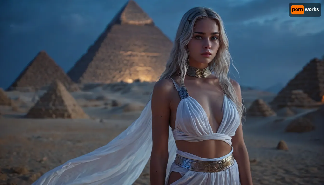 Girl 21 years old \ Egyptian pyramids sand \ scarabs \ figure of a girl sexy breasts narrow waist and wide hips, (dressed in a semi-transparent belted toga), very long silver hair \ elaborate facial details \ night, artfshnshtr, <lora:Glowing_beach:2>, <lora:MJ52:2>, <lora:EnvyBeautyXL11:2>, <lora:436232_training_data:2>