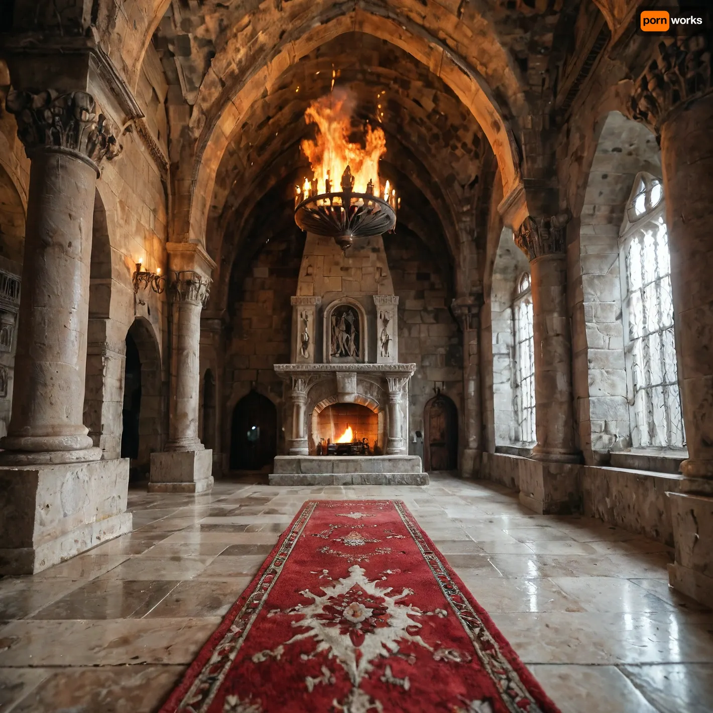 Cinematic quality, long shot, wide angle, a hall of an ancient castle, a large fireplace burning, a carpet on the floor, torches burning on the stone wall, hole in the wall above the fireplace, torches on the sides, a naked woman stuck in the hole up to her chest, only her head and chest are visible