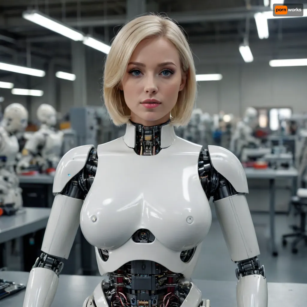 busty blonde robot being on lab table in robot factory