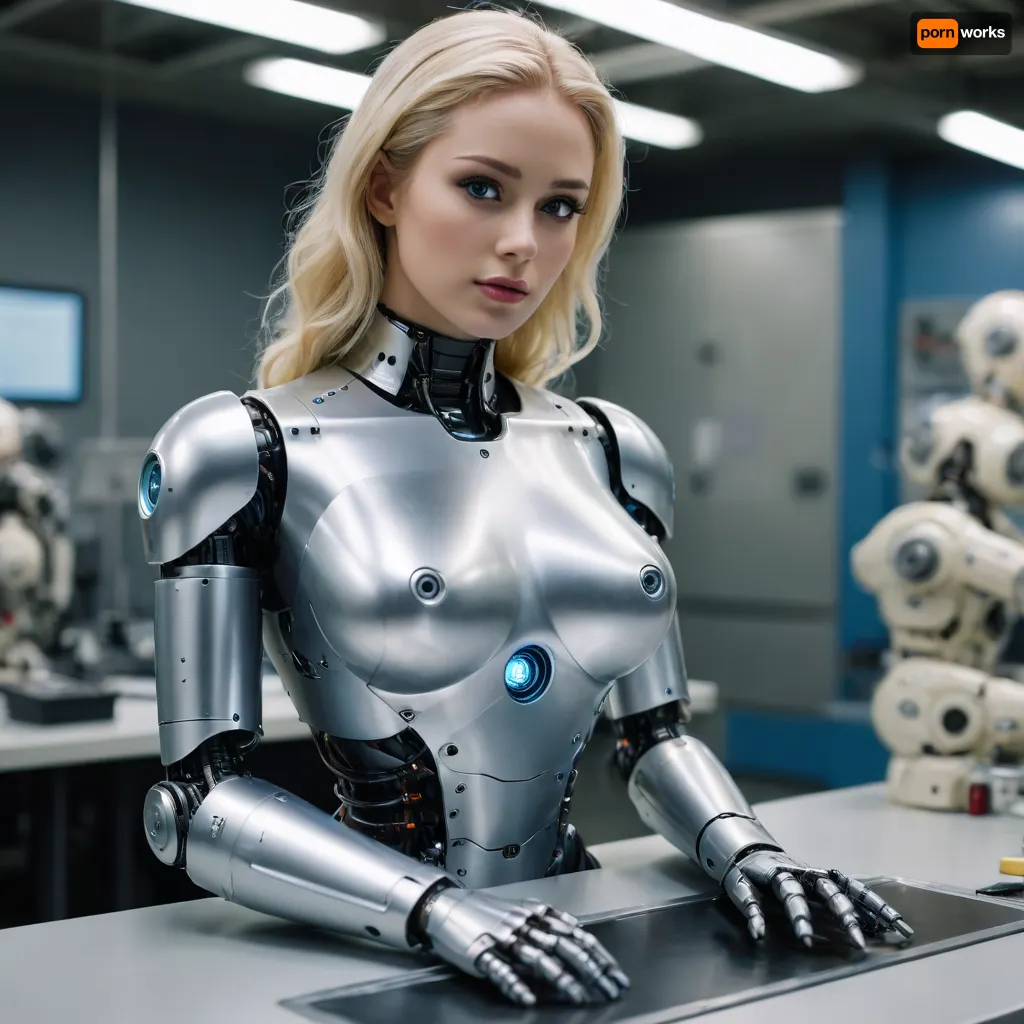 busty blonde robot being on lab table in robot factory