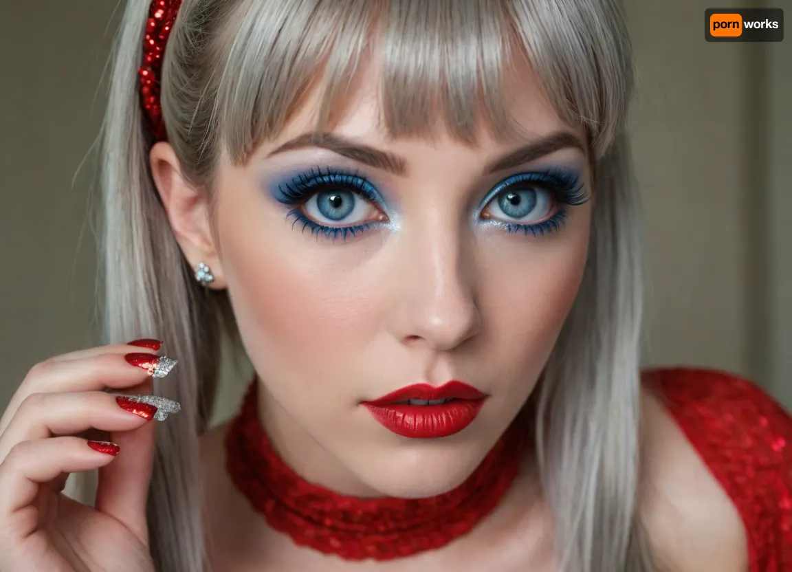 I have snake eyes, long blue eyelashes, eyeliner, lush and bright red lips with silver sparkles, narrow eyebrows, pearly hair, straight bangs, 5 pigtails, manicure, and I'm not a girl. Who am I?