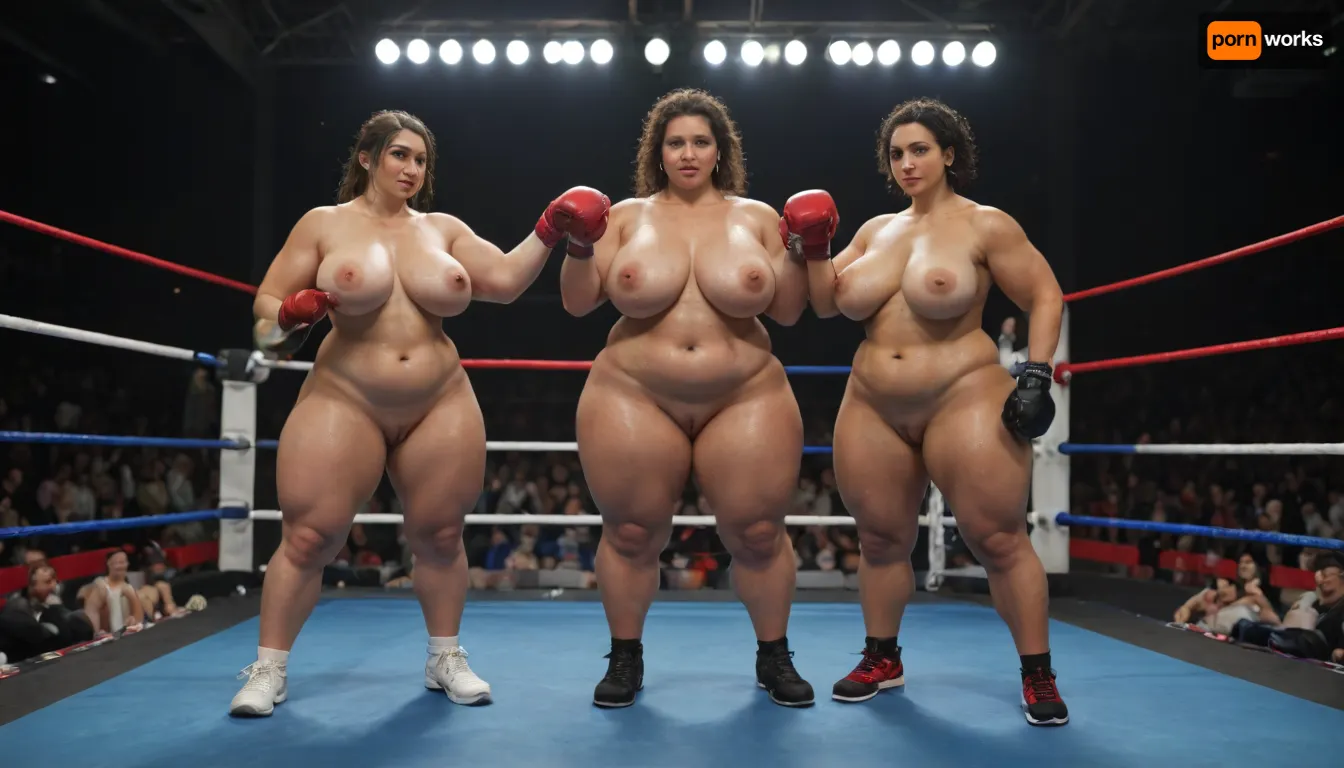 Two extremely fat nude women with huge pancake boobs boxing in a boxing ring in front of a huge audience, ((bbw:1.2)), ((muscular thighs:1.2)), ((full body view:1.4)), ((very sweaty skin:1.4))