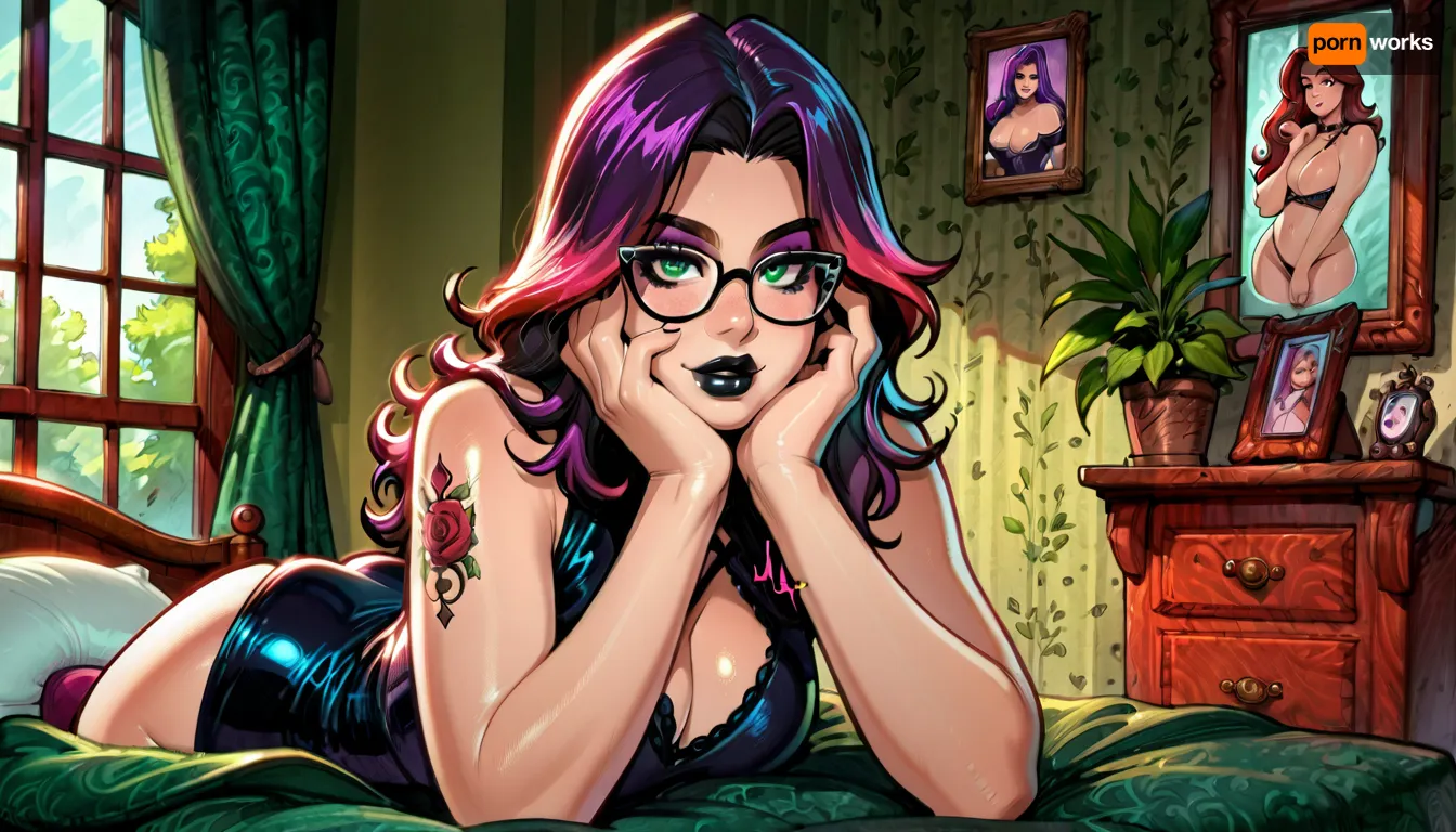 (reiq style:1), solo, sexy goth woman, 25 years old, long hair and bangs, purple hair with red highlights, freckles, glasses, green eyes, eyeliner, mascara, purple eyeshadow, black lipstick, chubby, pawg, medium breasts, black dress, nose piercing, tattoos. Full body, gothic bed room, sainy andrews cross in corner. Melkor Mancin artstyle, score_9, score_8_up, score_7_up, ratatatat74, <lora:ratatatat74-000050:1.6>, <lora:outline_xl_kohaku_delta_spv5x:1.5>, 0