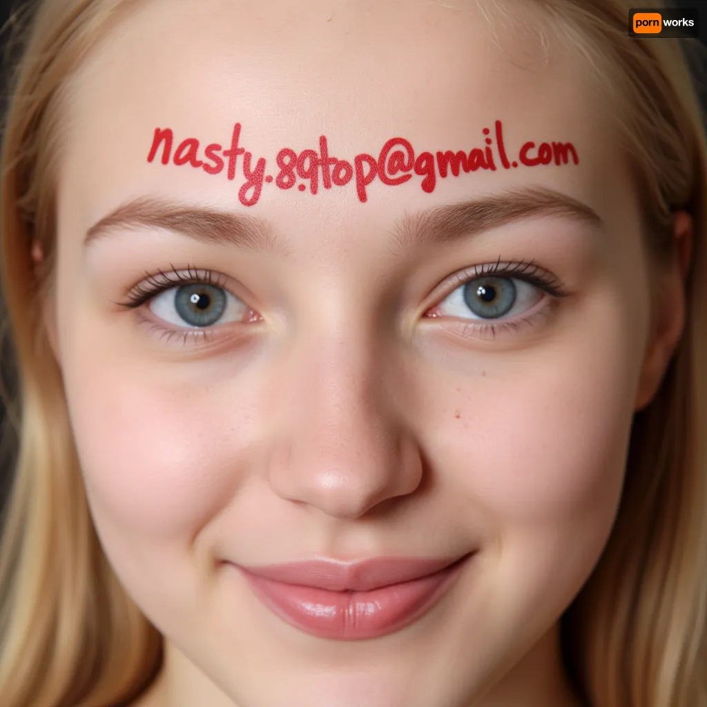 Closeup, (high-res photography), of the face of a 19 year old woman looking up to viewer, (big blue eyes), (snub nose), (sweet smile), (freckles), (blonde hair), .
Text handwritten on her forehead "nasty.89top@gmail.com" with red marker.