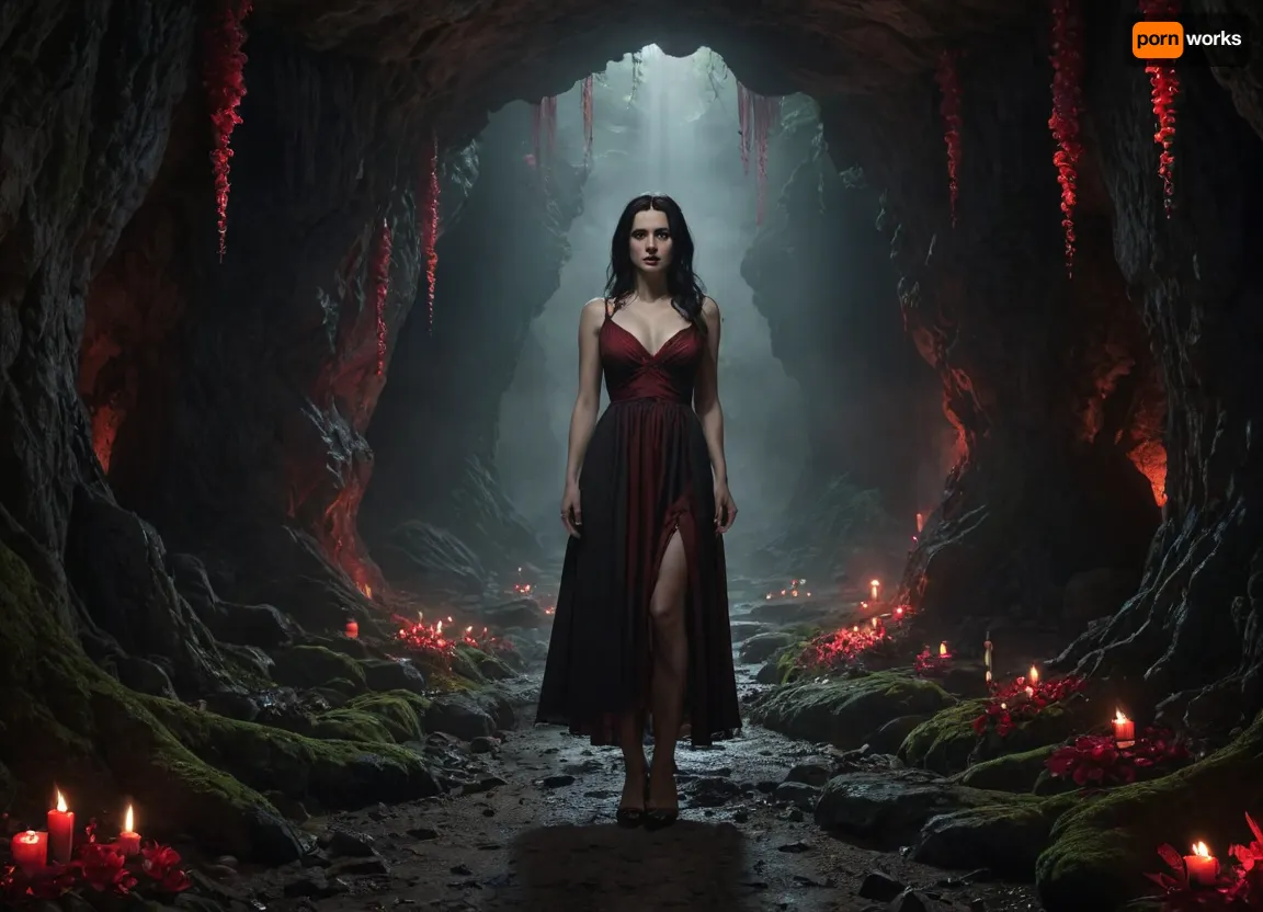 Woman. Forty years old. Large breasts. Sagging breasts. Enormous breasts. Milky breasts. Large nipples. Dark nipples. Exposed nipples. Thin waist. Narrow waist. High waist. Wide hips, big butt. White skin. Milky skin. Black hair. Long hair. Big eyes. Red eyes. Woman in a dress. Torn dress. Dress with holes. Knee-length dress, full at the bottom, black and red, deep neckline, protruding breasts. Witch. Woman standing, legs apart, arms outstretched. Woman deep in a cave. Woman in the distance. Woman in the background. Large cave. Lots of space. Gloomy cave. Stalactites in the cave. The cave is full of moss and glowing flowers. Red flowers. Purple flowers. White flowers. Candles in the cave. Floating lights. Lots of lights., Dark, dreams, Eerie, reality, Horror, Darkness, <lora:DDXL:.8>