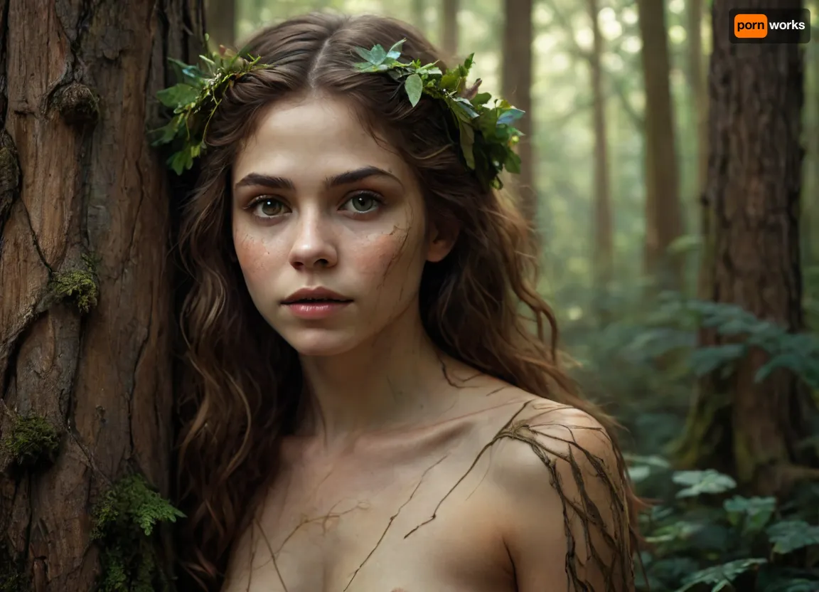 Realistic fantasy portrait of a dryad, a spirit of the forest. Her body is covered with natural bark patterns that look like a second skin — smooth, flexible, and seamlessly grown from her form. Subtle lines of moss and veins of green light run beneath the surface, giving her a living, organic appearance. Her eyes reflect forest light, and her hair flows like fine roots mixed with leaves. The background shows a softly lit woodland filled with warm golden rays. SFW, fine art concept art, cinematic realism, detailed textures, serene expression, nature spirit theme., MJgothic, <lora:MJgothic:.8>