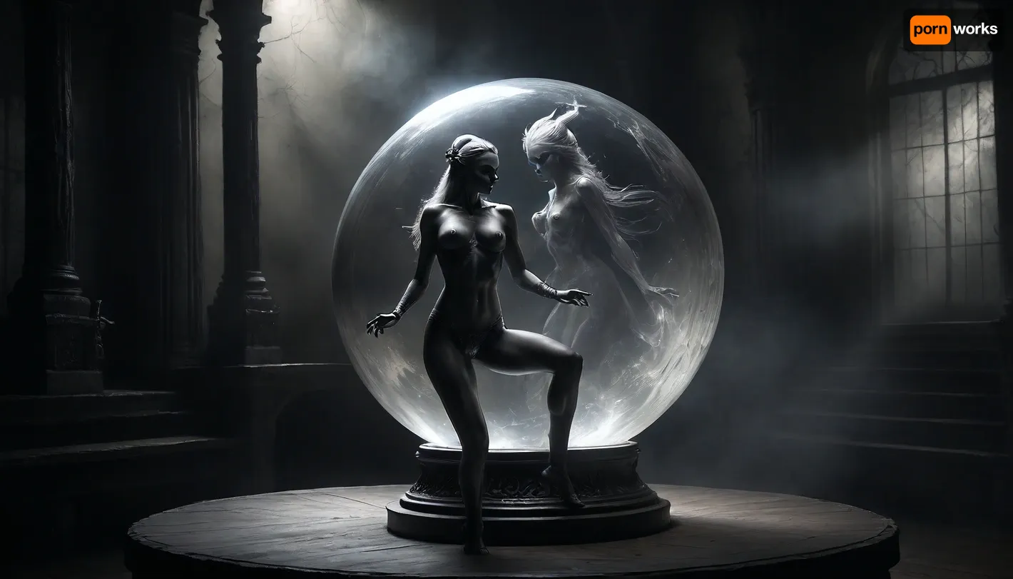 middle age, close-up of a beautiful, large crystal ball belonging to a sexy witch on a small wooden old table with, (a detailed projection inside the crystal ball of a extraordinary detailed stunning nude dancer:1.5), highly detailed image, Double exposure, blurred background, next to single skull with candle on top, surrounded by a half undressed sexy witch, (sexy witch:1.4), in a dark dusty forest, full moon, an mystic black castle, cloudy, smoke, atmospheric, clouds, fog, Black, and, white, art, black, pencil, shading, charcoal, drawing, toned, paper, brutal, dark, b/w, color, scheme, DonMSp3ctr4lXL, <lora:add-detail-xl:1.1>, <lora:Cloudy_Style:1.5>, <lora:Black and white art.V1:1.8>, <lora:dark:.3>, <lora:DonMSp3ctr4lXL-000008:1.8>