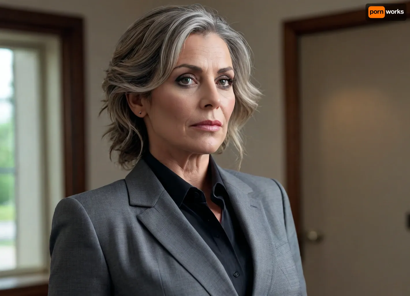 ultra-realistic, 8K HD, thick 50-years old woman, detailed face, detailed hair, deep grey eyes, large breasts, weraing business suit, clravage, (tattooed:.5), side view, full-length photo, looking to the viewer