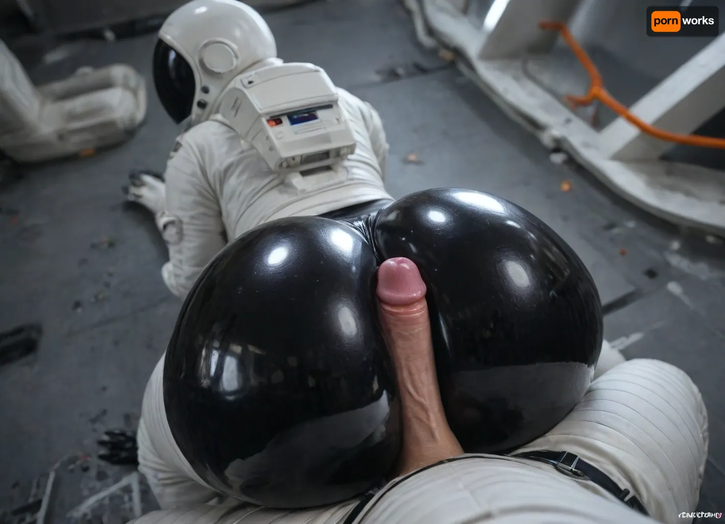 ((no face, white astronaut suit:1.3)), 5 fingers, (big ass, hyper butt:1.12), ((black rubber skin:1.45)), (mirrow astronaut helmet), assjob, (((dynamic angle view, small cock, buttjob, male pov))), night, claws, ((Open clothing)), curvy figure, female, gloves claws, purple glowing Metallic anus, pressing butt, gloves, outie, navel, voluptuous body