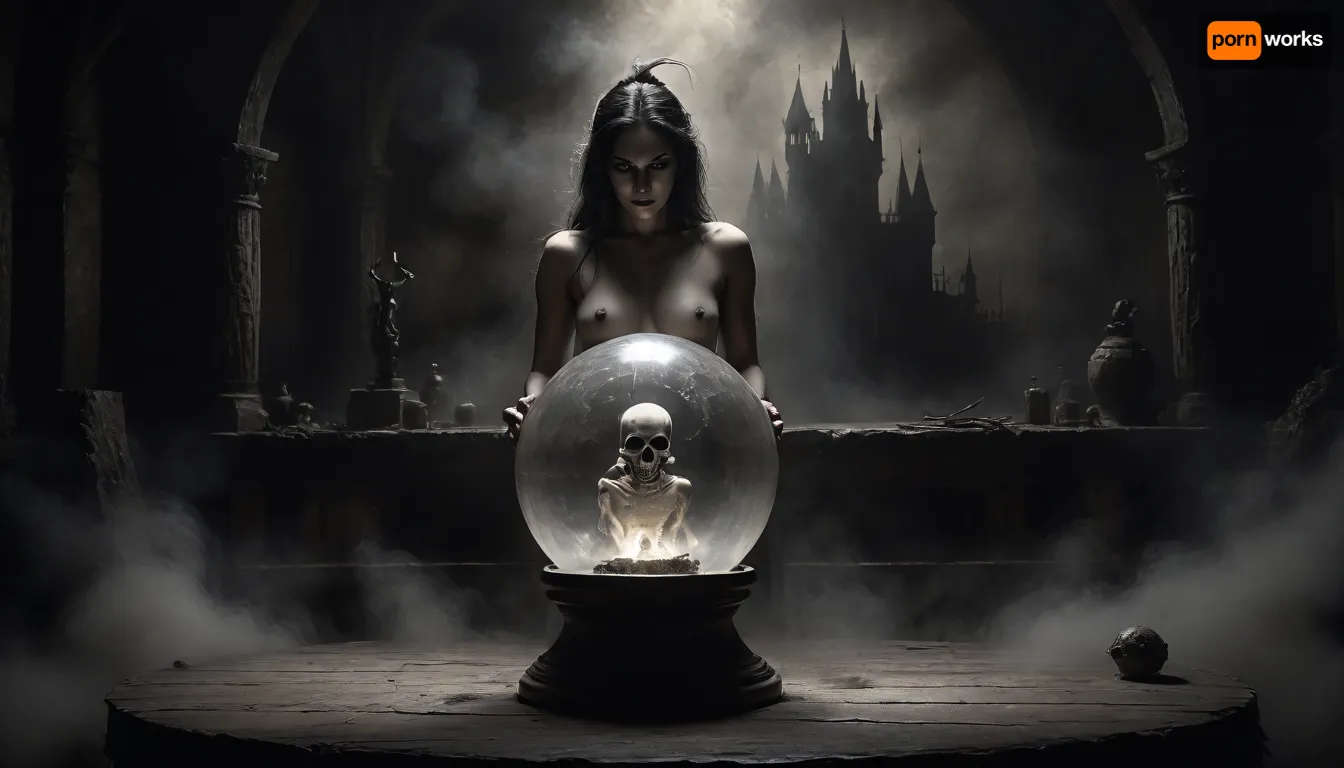 middle age, close-up of a beautiful, large crystal ball belonging to a sexy witch on a small wooden old table with, (a detailed projection inside the crystal ball of a extraordinary detailed stunning nude dancer:1.5), highly detailed image, Double exposure, blurred background, next to single skull with candle on top, surrounded by a half undressed sexy witch, (sexy witch:1.4), perfect face, perfect hands, in a dark dusty forest, full moon, an mystic black castle, cloudy, smoke, atmospheric, clouds, fog, Black, and, white, art, black, pencil, shading, charcoal, drawing, toned, paper, brutal, dark, b/w, color, scheme, duel, magical, fire, magic, spell, fireball, element, water, ball, orb, air, wind, earth, rock, plant, sand, <lora:add-detail-xl:1.1>, <lora:Cloudy_Style:1.5>, <lora:Black and white art.V1:1.8>, <lora:dark:.3>, <lora:Magical duel - SDXL v2.0:1.4>