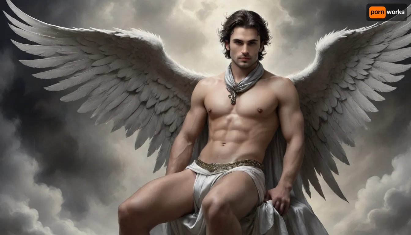 A very detailed nude, sexy, masculine male angel with detailed huge white angel wings sits lasciviously on a cloud, (a bulging silk scarf over the hips:1.4), perfect hands, perfect face, perfect legs, perfect feet, perfect cock, longing view, silent smile, from, below, shoes, delicate, detailed, eyes, Gustave, Doré, Style, page, Black, and, white, art, black, pencil, shading, charcoal, drawing, toned, paper, brutal, dark, b/w, color, scheme, <lora:Cloudy_Style:.5>, <lora:underanglexl16:1.1>, <lora:Gustave Dore Style:.7>, <lora:Black and white art.V1:1.4>, <lora:bulgev1-beta:.8>