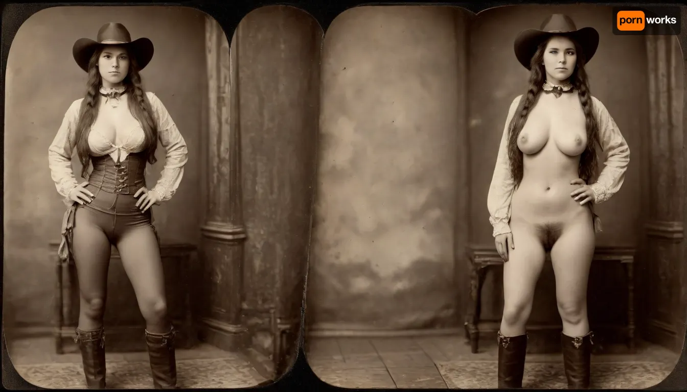 1870s, (((1870s beautiful female cowgirl))), amateur model, beautiful face, amateur photo, brunette hair, attractive, 28 years old, (((picture taken with Daguerreotype camera:1.5))), (large natural boobs:1.1), natural boobs, (hairy pussy:1.4), (full body in view), straight hair, ponytail hairdo, (same person, same pose, same angle), (2Split screens, 2split views, onoff:1.2), (wearing 1870s cowgirl outfit), (western town background), BREAK, <lora:OnoffXL_ExtraCrispy:1.1>