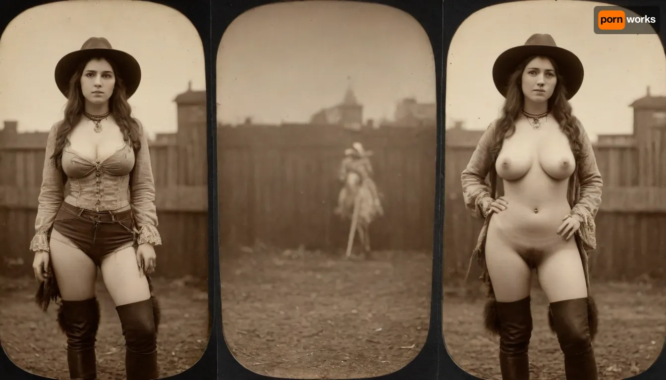 1870s, (((1870s beautiful female cowgirl))), amateur model, beautiful face, amateur photo, brunette hair, attractive, 28 years old, (((picture taken with Daguerreotype camera:1.5))), (large natural boobs:1.1), natural boobs, (hairy pussy:1.4), (full body in view), straight hair, ponytail hairdo, (same person, same pose, same angle), (2Split screens, 2split views, onoff:1.2), (wearing 1870s cowgirl outfit), (western town background), BREAK, <lora:OnoffXL_ExtraCrispy:1.1>