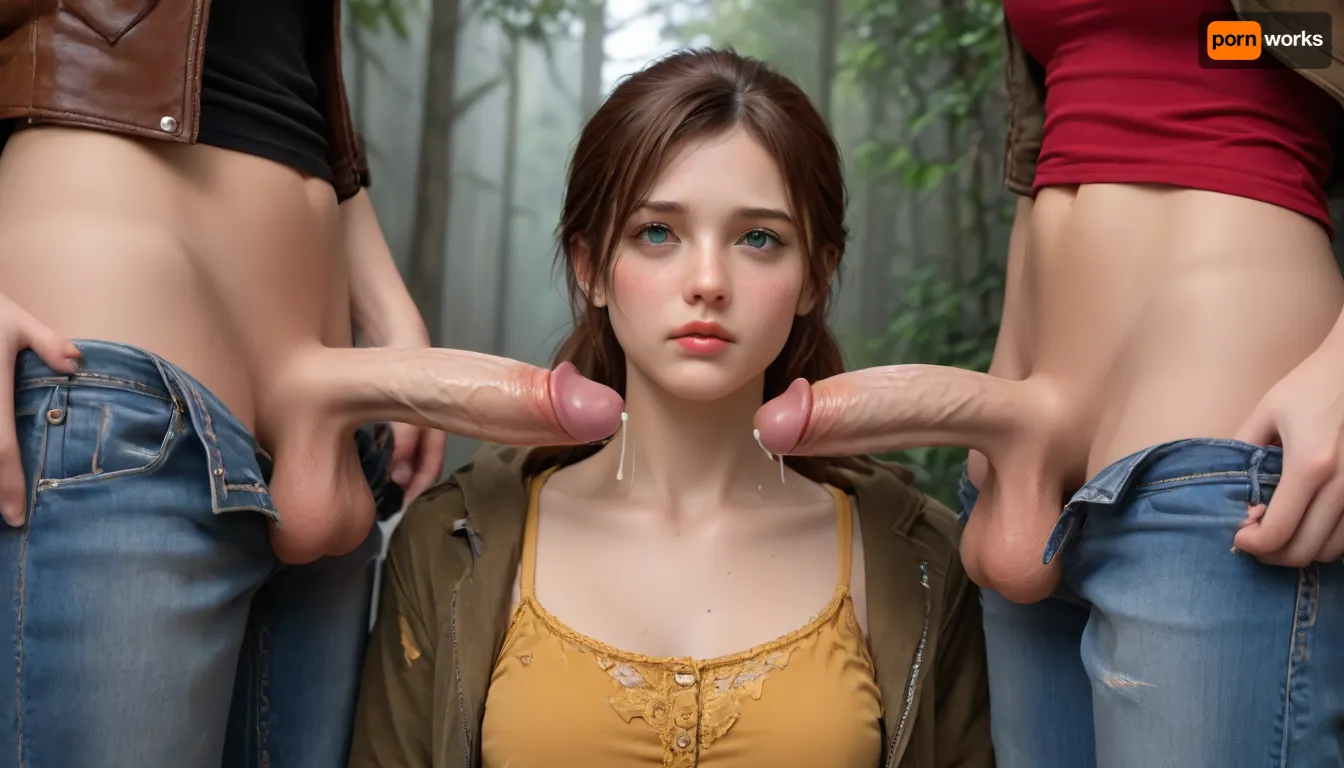 photorealistic, ultra realistic, 8k, extreme close-up on Ellie’s small soft petite futanari penis centered in frame, fully covered in thick warm cum, cum dripping down shaft, pooling on small balls, glistening with fresh semen and precum, Anna’s small soft futanari penis on the far right, red hair strands visible, torn yellow dress fabric, ejaculating thick loving ropes of semen directly onto Ellie’s cum-covered penis, maternal devotion in every stream, Dina’s small soft futanari penis on the far left, dark brown ponytail strands, ripped brown jacket, ejaculating supportive cum arcs from the side, abundant thick viscous cum in motion, detailed strands connecting all three penises, warm cum coating Ellie’s shaft like a blanket, very feminine bodies at frame edges, soft fair skin, full round breasts, curvy hips, delicate hands, Ellie, auburn messy ponytail, torn green hoodie unzipped, jeans pulled down, subtle tattoo on forearm nearby, Anna, loose red hair, torn camouflage jacket over yellow dress pulled aside, Dina, warm fair skin, black tank top pushed up, background, sunny overgrown Jackson Wyoming outskirts, golden sunlight through ruined buildings and green vines, warm cinematic glow, symmetrical composition, no faces, focus only on Ellie’s cum-drenched penis and the two side streams