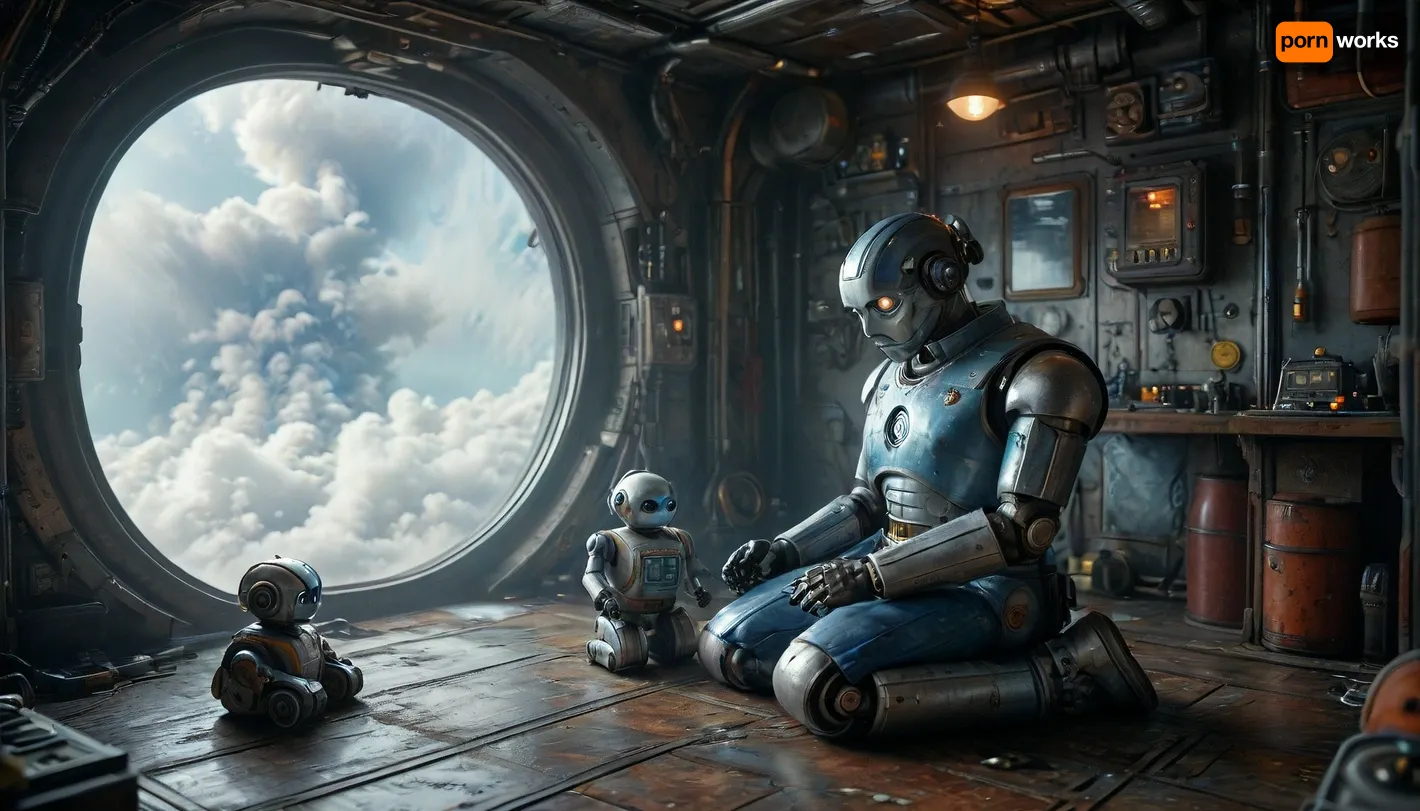 Star Wars style, (Steampunk:1.4), (Full body view:1.3), a chubby, friendly male mechanic in blue overalls kneels on the floor of his messy and futuristic workshop, repairing a small toy robot to the great delight of his work robot next to him, (cute work-robot:1.3), work-robot watches attentively as his toy is repaired. various perspectives, various futuristic backgrounds, elaborate details, highly detailed, breathtaking, panoramic, cinematic, (3D, Framed, Woman), Macabre, cloudy, smoke, atmospheric, clouds, fog, anchespaceroom, cyberbotgilzv1, <lora:MJ52:.9>, <lora:Cloudy_Style:.4>, <lora:Anchespaceroom-V1:1.1>, <lora:CyberBotGilzV1:.8>