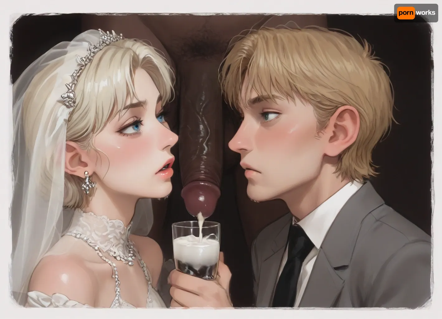 interracial, bbc, very large black penis, (flaccid black dick), The happy white blonde bride in sexy wedding dress, cum driping bride's chain' cum driping from black penis, drinking sperm from transparent cup, there is glossy and sticky sperm in cup, cup full of sperm, cum swallowing, ((gokkun)), cum dripping from the corners of her lips, ((ratatatat74), 90s Anime, (Outline), (cartoon), incase style, concept, art, by, syd, mead, retro, futuristic, flat colors, Perfect Hands), <lora:ratatatat74-000050:1.1>, <lora:outline_xl_kohaku_delta_spv5x:1.8>, <lora:cartoon_stickers_xl_v1:.6>, <lora:NEOTOKIOXL_0.2_RC:.4>