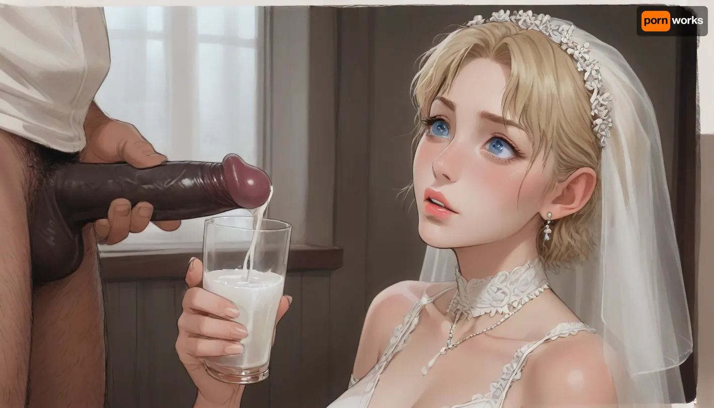interracial, bbc, very large black penis, The happy white blonde bride in sexy wedding dress, cum driping bride's chain' cum driping from black penis, drinking sperm from transparent cup, there is glossy and sticky sperm in cup, cup full of sperm, cum swallowing, ((gokkun)), cum dripping from the corners of her lips, ((ratatatat74), 90s Anime, (Outline), (cartoon), incase style, concept, art, by, syd, mead, retro, futuristic, flat colors, Perfect Hands), <lora:ratatatat74-000050:1.1>, <lora:outline_xl_kohaku_delta_spv5x:1.8>, <lora:cartoon_stickers_xl_v1:.6>, <lora:NEOTOKIOXL_0.2_RC:.4>