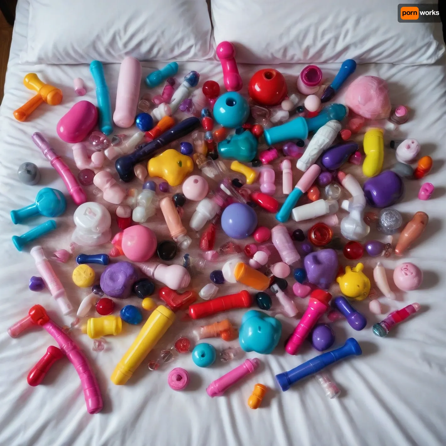 Various types of sex toys scattered on the bed, seen from above.