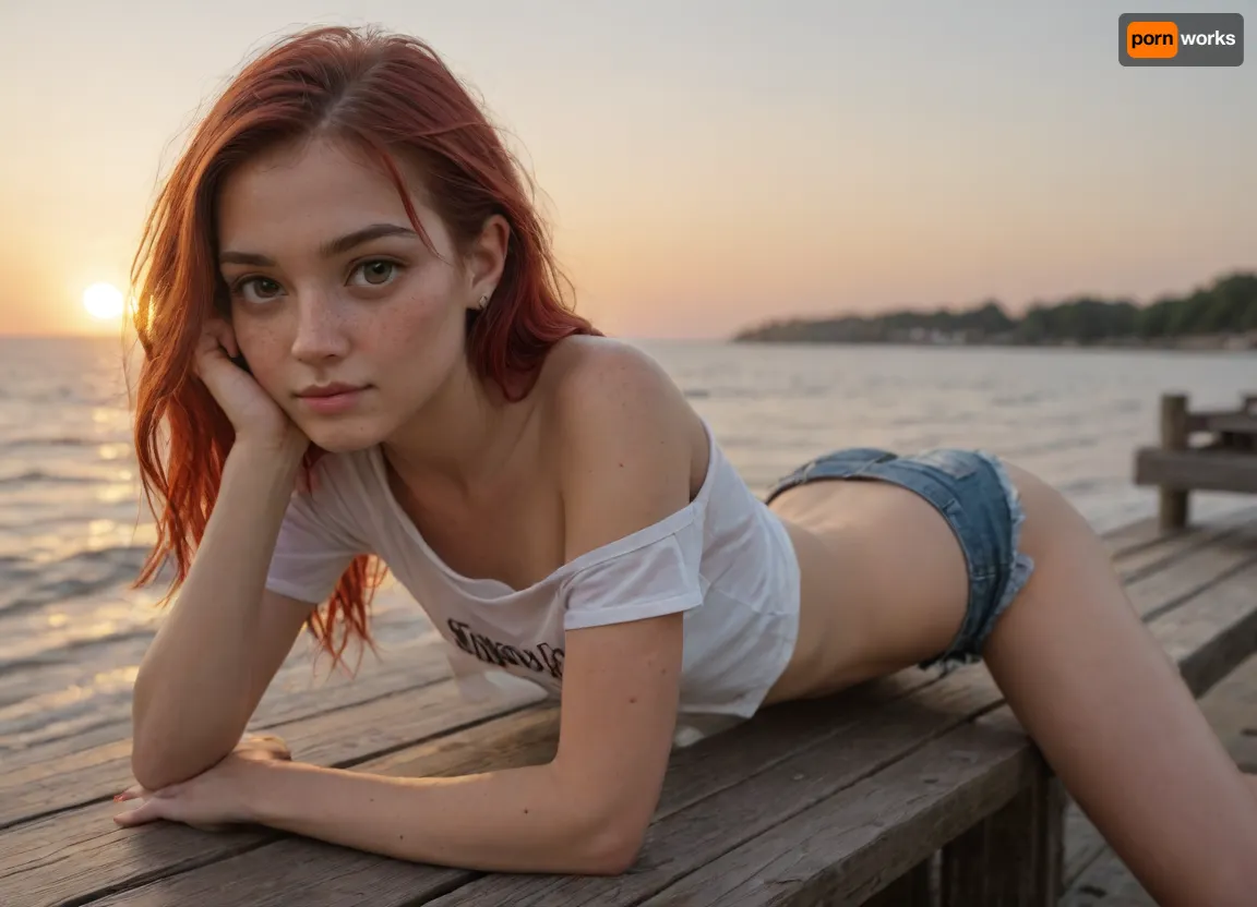 (A petite girl, (18 years old), lies on her stomach, propped up on her elbows, on a pier in the sea., (), (The girl is thin, has a narrow face, a small nose, large eyes, freckles on her nose, freckles on her cheeks under her eyes. Beautiful eyes. Small breasts. Narrow pelvis. Small butt. Large lower lip. Skinny legs.), (A high-necked T-shirt.), (One shoulder is exposed.), (Looking at the sunset.), (Micro shorts barely cover her small butt.), (Loose, straight, light-colored hair.), (A crimson evening sunset.))
