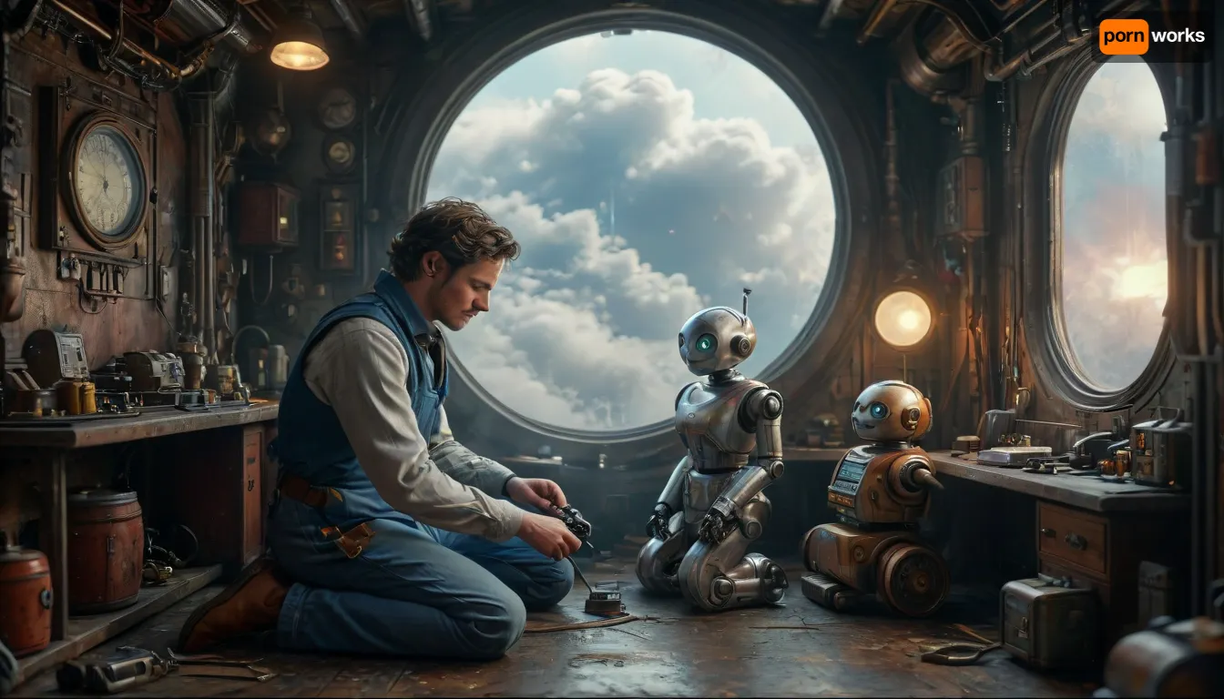 Star Wars style, (Steampunk:1.4), (Full body view:1.3), a chubby, friendly male mechanic in blue overalls kneels on the floor of his messy and futuristic workshop, repairing a small toy robot to the great delight of his work robot next to him, (cute work-robot:1.3), work-robot watches attentively as his toy is repaired. various perspectives, various futuristic backgrounds, elaborate details, highly detailed, breathtaking, panoramic, cinematic, (3D, Framed, Woman), Macabre, cloudy, smoke, atmospheric, clouds, fog, anchespaceroom, cyberbotgilzv1, <lora:MJ52:.9>, <lora:Cloudy_Style:.4>, <lora:Anchespaceroom-V1:1.1>, <lora:CyberBotGilzV1:.8>
