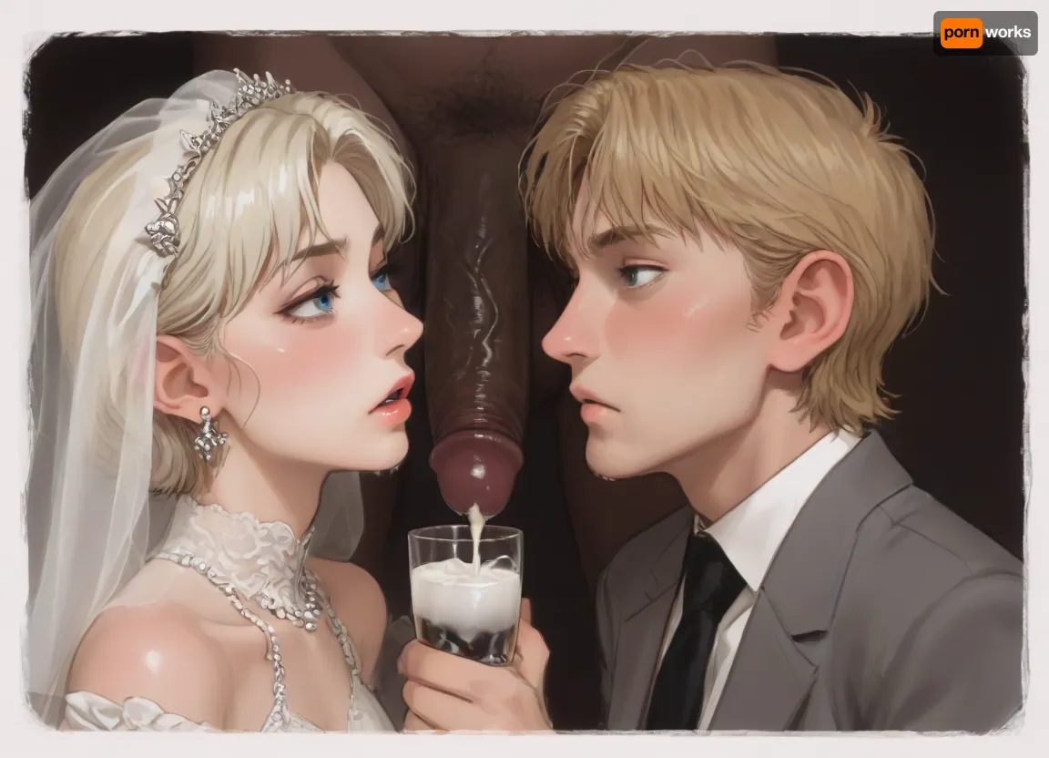 interracial, bbc, very large black penis, (flaccid black dick), The happy white blonde bride in sexy wedding dress, cum driping bride's chain' cum driping from black penis, drinking sperm from transparent cup, there is glossy and sticky sperm in cup, cup full of sperm, cum swallowing, ((gokkun)), cum dripping from the corners of her lips, ((ratatatat74), 90s Anime, (Outline), (cartoon), incase style, concept, art, by, syd, mead, retro, futuristic, flat colors, Perfect Hands), <lora:ratatatat74-000050:1.1>, <lora:outline_xl_kohaku_delta_spv5x:1.8>, <lora:cartoon_stickers_xl_v1:.6>, <lora:NEOTOKIOXL_0.2_RC:.4>