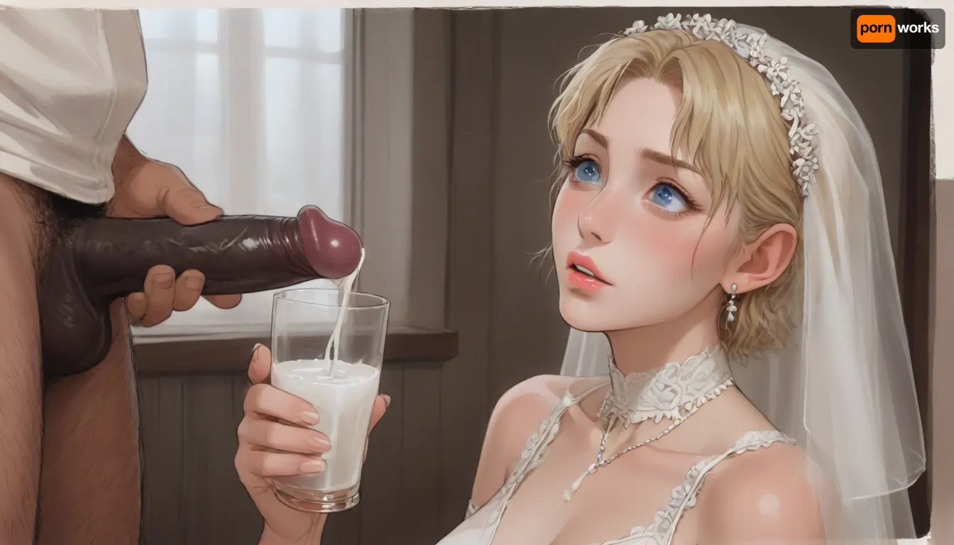 interracial, bbc, very large black penis, The happy white blonde bride in sexy wedding dress, cum driping bride's chain' cum driping from black penis, drinking sperm from transparent cup, there is glossy and sticky sperm in cup, cup full of sperm, cum swallowing, ((gokkun)), cum dripping from the corners of her lips, ((ratatatat74), 90s Anime, (Outline), (cartoon), incase style, concept, art, by, syd, mead, retro, futuristic, flat colors, Perfect Hands), <lora:ratatatat74-000050:1.1>, <lora:outline_xl_kohaku_delta_spv5x:1.8>, <lora:cartoon_stickers_xl_v1:.6>, <lora:NEOTOKIOXL_0.2_RC:.4>