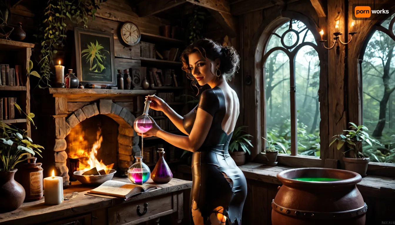 (score_9, score_8_up, score_7_up), (extremely photo-realistic), intricate details, (slender vixen, milf, herbalist, modern witch, specialized in herbal medicine), wearing revealing, skin-tight, sexy clothes, standing at rustic workbench, candle-light, (fully focused on pouring, fluorescent potion in to flask), (following recipe in old, somewhat torn book, containing ancient recipes and advanced formulas), shelves with old books and bottled herbal ingredients, potent elixirs, flasks, (plants), fireplace with cauldron, inside hut, (deep, stormy forest), (masterpiece:1), <lora:dark:.3>, <lora:cfg_scale_boost:.9>, <lora:add-detail-xl:.8>